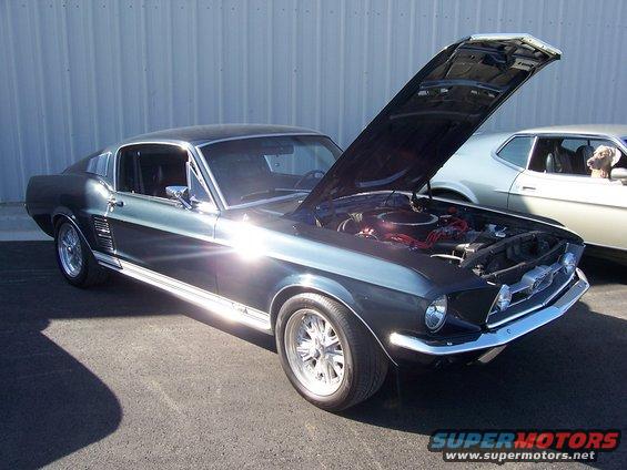 Dark gray 1967-1968 Ford Mustang Fastback with hood open, showing engine. Another car with a dog inside is parked behind it