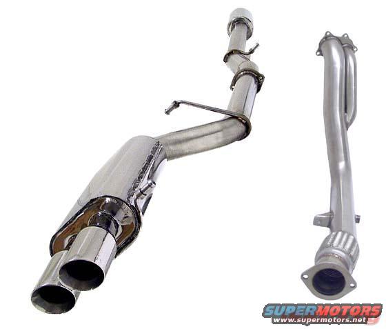 Two stainless steel exhaust system components, one with dual tips, against a white background. Supermotors.net logo in lower right