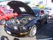 2002 Ford Mustang - A black 2005 Ford Mustang is displayed with its hood open, revealing the engine and a glimpse of its red interior.
