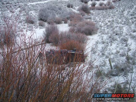 Rusty truck partially obscured by bare branches in a snowy landscape