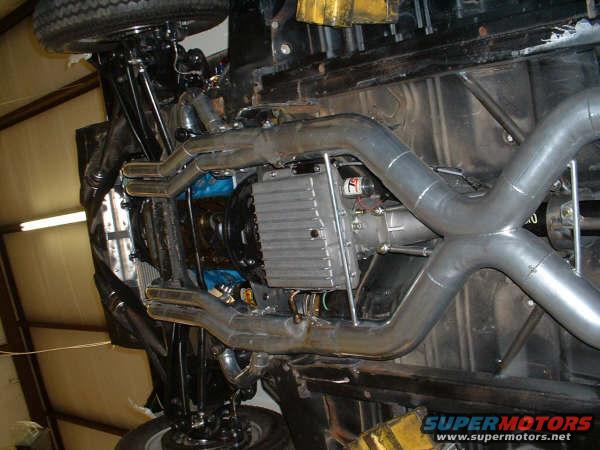 Undercarriage view of dual exhaust system and transmission