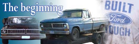 Blue 1970 Ford F-Series pickup truck on a trailer, with a dark van in the background. Text reads 'The beginning' and 'BUILT Ford TOUGH'