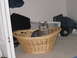 1990 Ford Probe - A tabby cat sits comfortably in a woven basket, its eyes glowing in the dim light.
