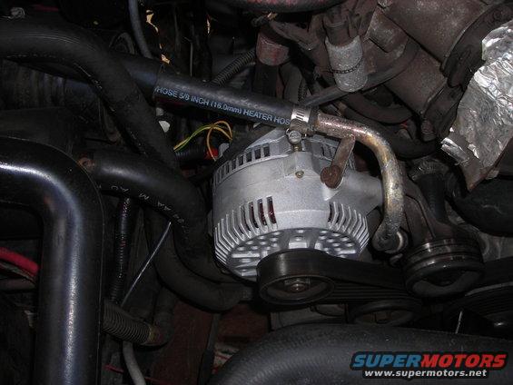 Alternator with ribbed belt and heater hose in engine bay