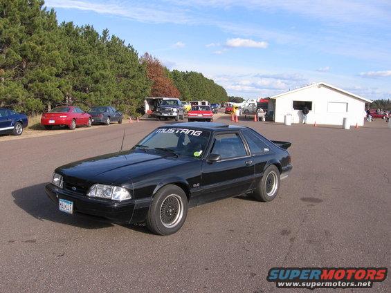 Black Ford Mustang parked on asphalt with trees and a building in background. Windshield banner says MUSTANG