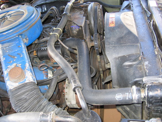 Close-up of a vehicle's engine bay, showing hoses, belts, and the radiator. A hose has '74' printed on it