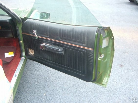 Green car's interior door panel with black upholstery, chrome handle, and speaker grille. Red carpet visible on floor