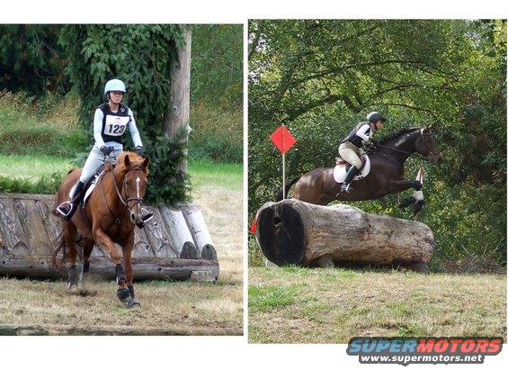 Horse and rider jump over a log obstacle during an equestrian event. Another rider is approaching a wooden obstacle