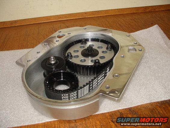 Polished aluminum supercharger drive assembly with black timing belt and pulleys