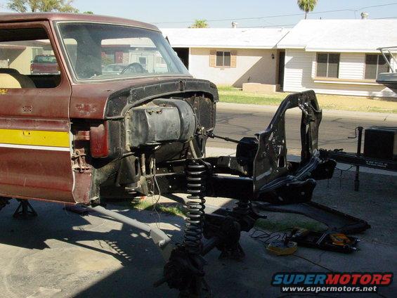 1979 Ford Bronco front clip removed, showing chassis and suspension components