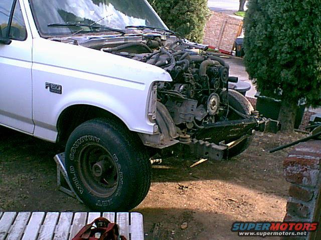 pass-side-front.jpg here is the donor truck. a 1992 F150 custom truck. theis truck was rear ended and demed a full loss. the next owner needed the front sheet metal and now me. i going to pull it apart and swap the motor in my 1983 bronco. This is a 4.9 EFI motor. and a 5 speed tranny. too bad it is a M5od not the ZF.