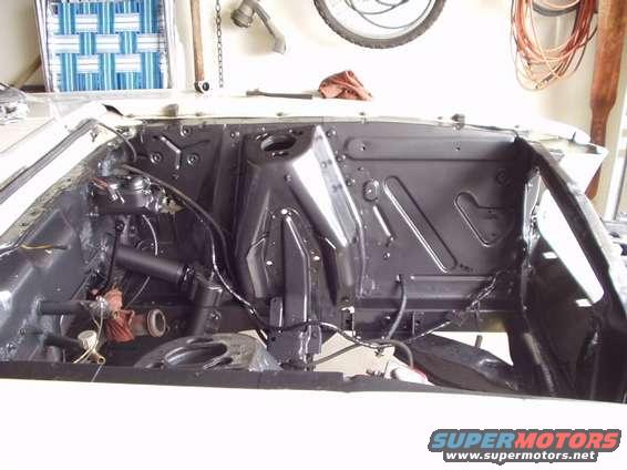 Engine bay with black painted firewall and inner fenders, brake master cylinder visible