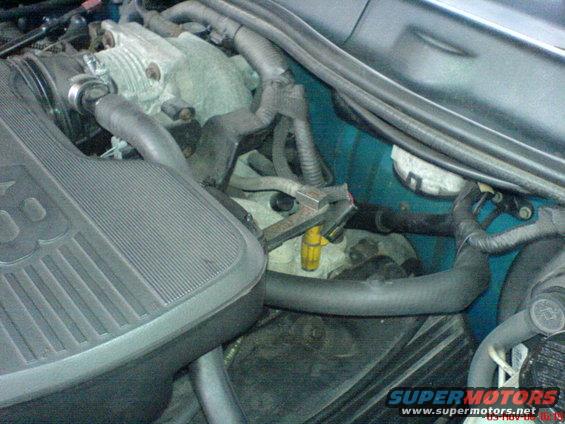 Engine bay with air intake and hoses visible