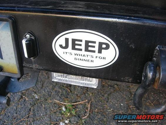 Jeep sticker that says 'IT'S WHAT'S FOR DINNER' on a black bumper