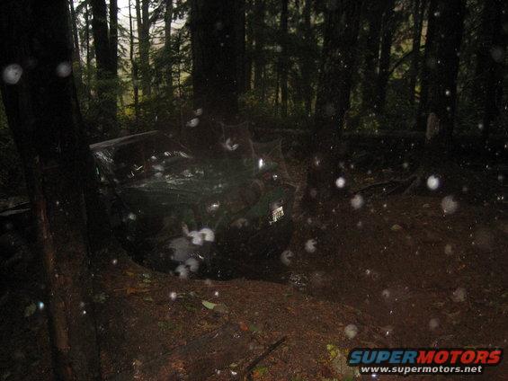 Off-road vehicle stuck in a wooded area with rain falling