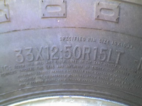 Tire sidewall with text 33x12.50R15LT and specified rim size 15x10.0J