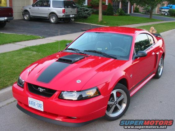 Red 2003 Ford Mustang coupe with black stripe and hood scoop