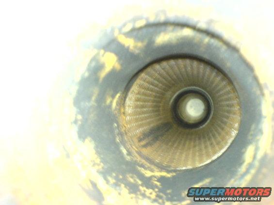 Exhaust pipe opening with visible internal mesh and discoloration