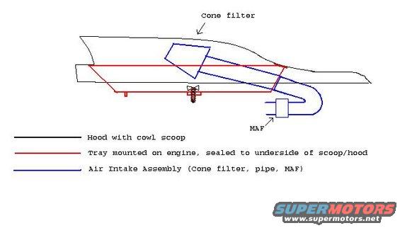 Diagram showing a cone filter, pipe, and MAF sensor for an air intake assembly, with labels for hood and tray