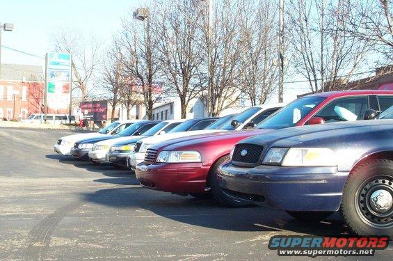 Line of blue and red Ford Crown Victoria police cars parked in a lot