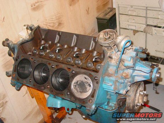 Blue engine block with distributor and timing chain cover