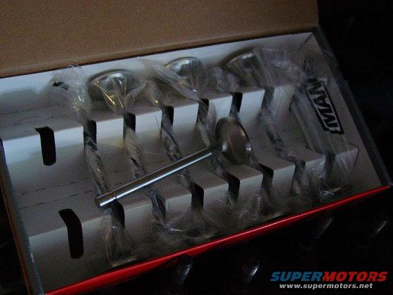Box of engine valves, some still in plastic packaging. Text on packaging reads 'MAN'