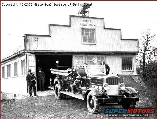 Fire truck parked outside fire station with text 'GRILL FIRE Co No1' above entrance