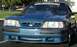 1988 Ford Mustang - Front view of a blue 1988 Ford Mustang, modified with a hood scoop.