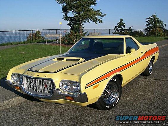 Yellow 1973 Ford Ranchero with orange racing stripes and black hood scoop