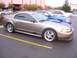 2002 Ford Mustang - Three Ford Mustangs parked in a lot, a tan 2002 model in the foreground.