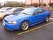 2002 Ford Mustang - A blue 2002 Ford Mustang is parked in a lot with other cars. The car has black racing stripes on its side.