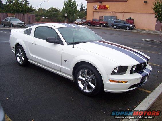 White Ford Mustang GT with blue racing stripes parked on asphalt