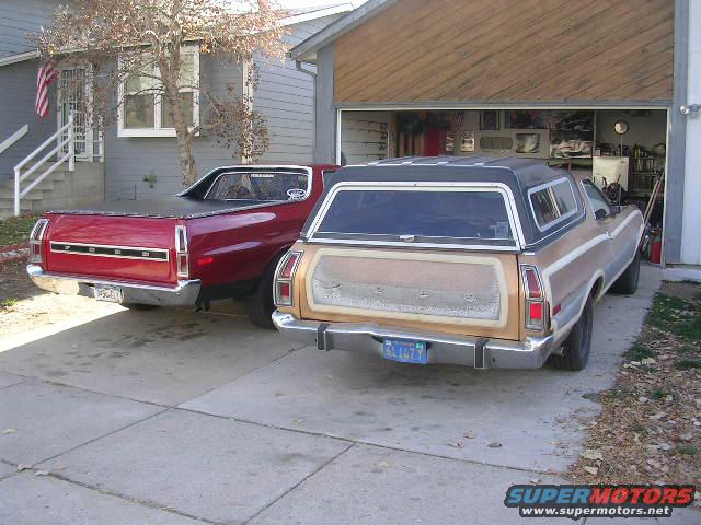 Rear view of a red 1975 Ford Ranchero and a tan 1975 Ford Ranchero with a camper shell
