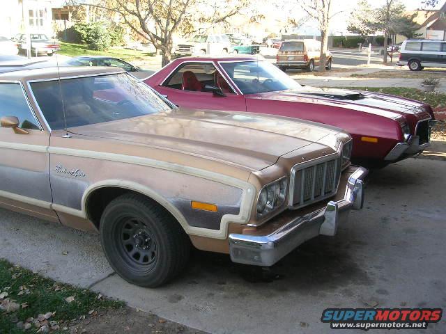 1975 Ford Ranchero in tan parked next to a red 1975 Ford Ranchero