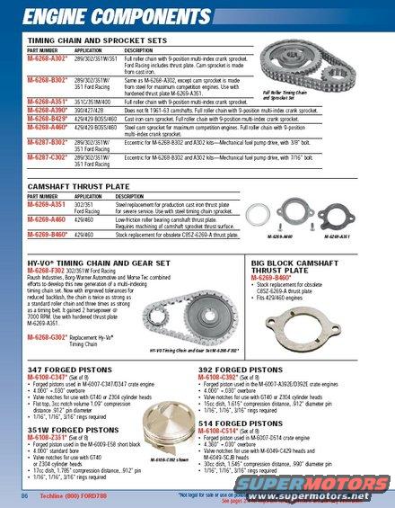 Document page listing engine parts like timing chains, sprockets, and pistons with part numbers and descriptions