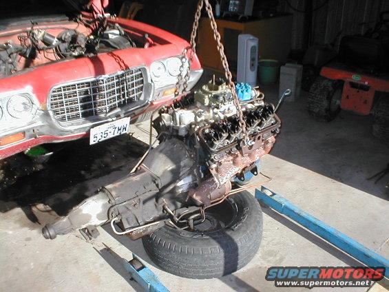 1973 Ford Ranchero engine and transmission removed, front view