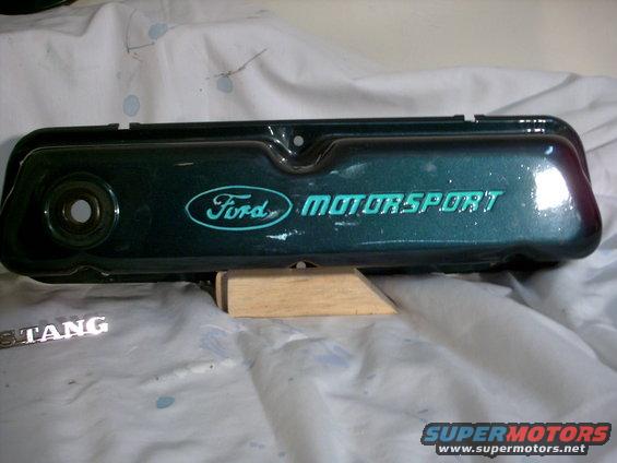 Green Ford Motorsport valve cover with teal lettering