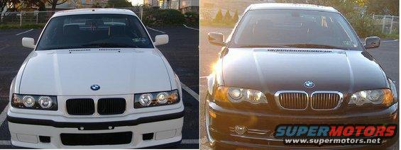 Two BMW sedans, one white and one black, viewed from the front. The black car has a "SUPERMOTORS" logo