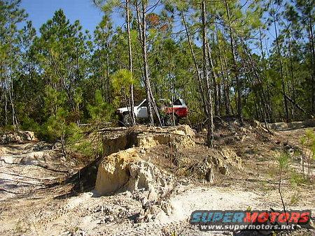 White and red SUV on a dirt trail in a forest