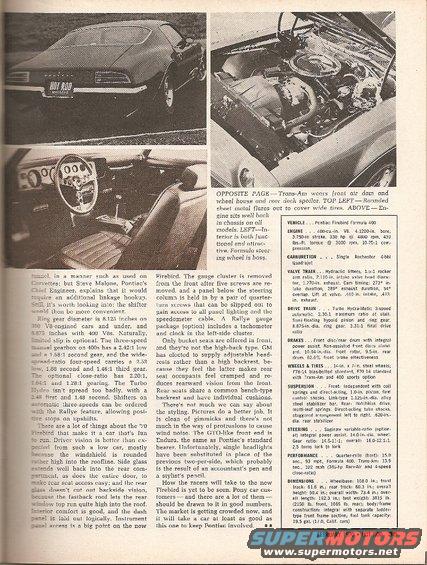 Rear view of a 1970s Pontiac Firebird with 'HOT ROD' plate; interior view shows dashboard and seats