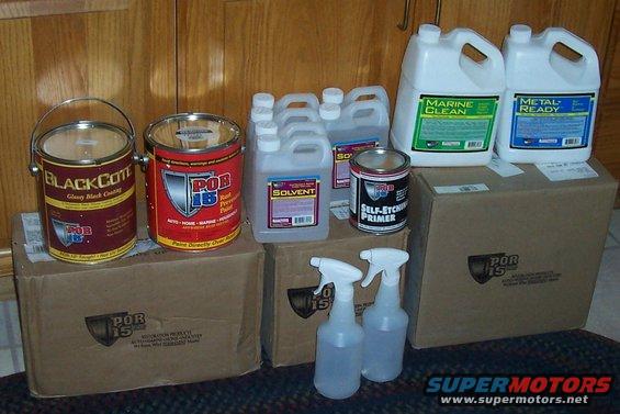 Also included is $380 worth of POR-15 paint.
There is one gallon of POR-15 rust prevenative paint, one gallon of "blackcoat" top coat paint, one guart of self etching primer, thinner/solvent, Marine Clean,  Metal Ready, and spray bottles for application of metal ready. 