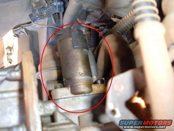 Starter motor circled in red, close-up view