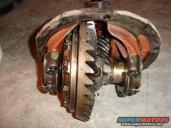 Differential assembly with large ring gear and pinion gear, showing internal components