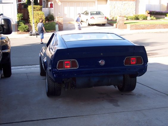 1971 Ford Mustang rear view, dark blue paint, some bodywork unfinished
