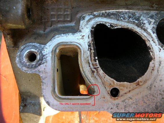 Close-up of an engine intake manifold gasket surface with a red circle highlighting a spot in question. Text says 'The ONLY spot in question!'