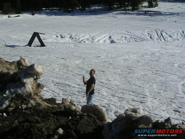Man standing in a snowy field with trees in the background