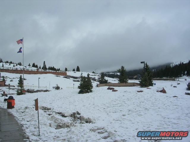 Snow-covered landscape with American and Colorado flags flying, trees, and a distant building under a cloudy sky