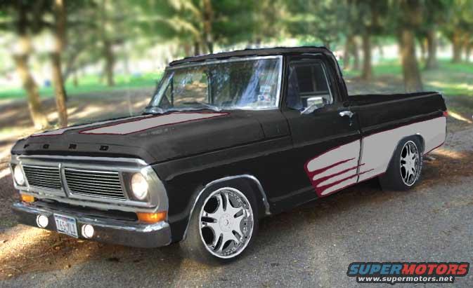Black Ford F-Series pickup truck with white side graphics and custom wheels
