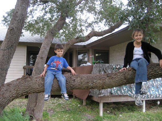 Two people pose on a large fallen tree branch in front of a building