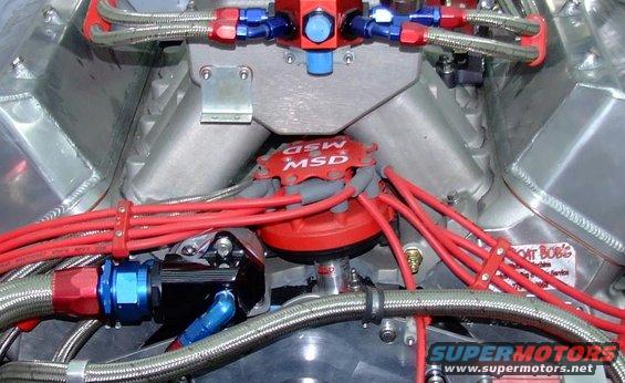 MSD distributor and red spark plug wires on a V8 engine with braided fuel lines